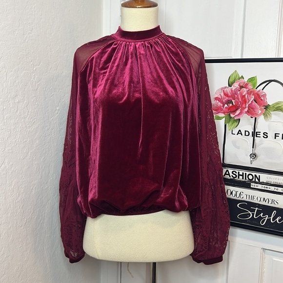 Free People Velvet High Neck Lace Blouse RTM - Picture 2 of 8